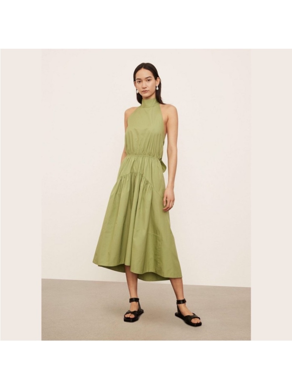 NEW VINCE cotton poplin draped neck halter top midi dress pistachio green small